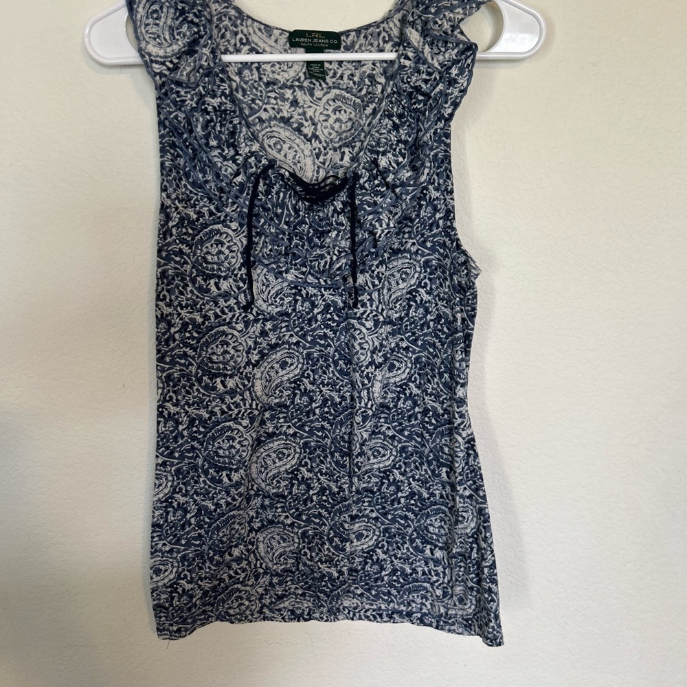 Vintage Lauren Ralph Lauren Blue & White Paisley RUFFEL V Neck Lace Front Top